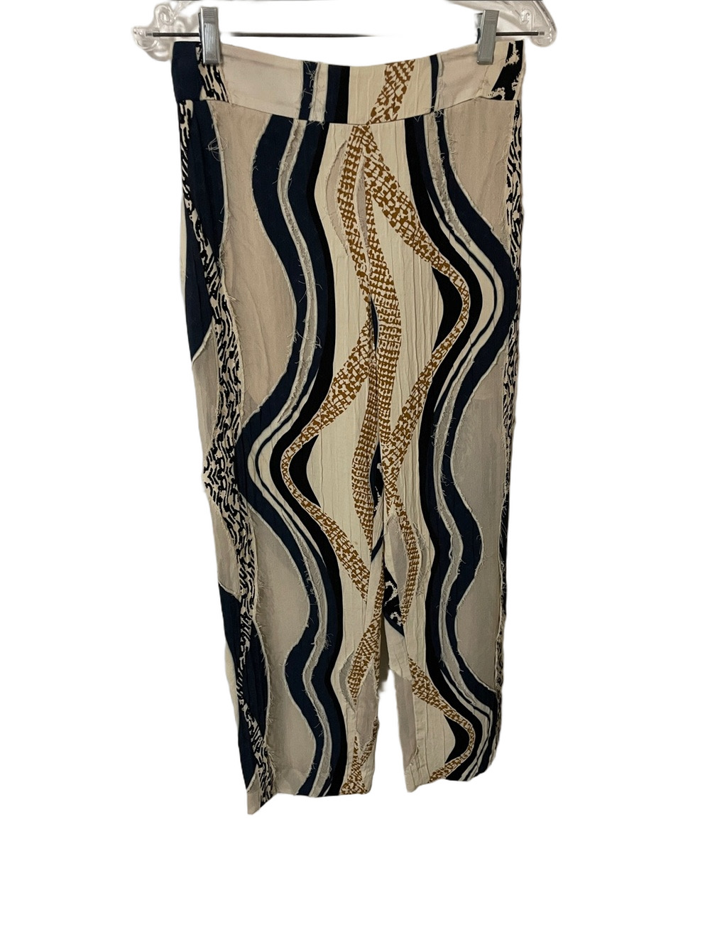 Uterqüe Beige, Navy & Tan Wave-Print Wide Leg Pants Size Small
